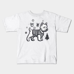 Black and White Westie Christmas Design - West Highland Terrier - Cartoon Dog Holiday Drawing Kids T-Shirt